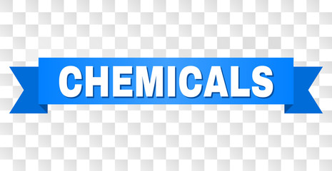 CHEMICALS text on a ribbon. Designed with white title and blue tape. Vector banner with CHEMICALS tag on a transparent background.