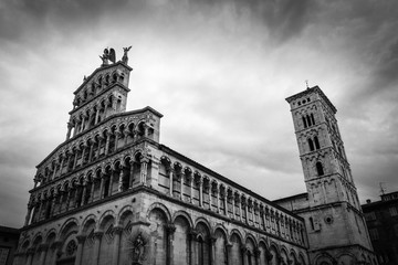 View of San Michele in Foro Basilica in Lucca the walled city from above, Lucca, Tuscany, Italy,...
