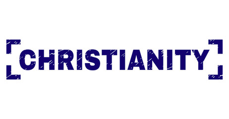 CHRISTIANITY title seal print with distress effect. Text title is placed inside corners. Blue vector rubber print of CHRISTIANITY with corroded texture.