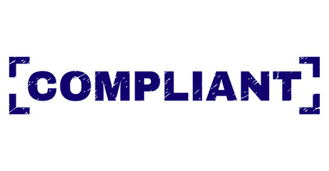 COMPLIANT label seal print with corroded texture. Text title is placed inside corners. Blue vector rubber print of COMPLIANT with scratched texture.