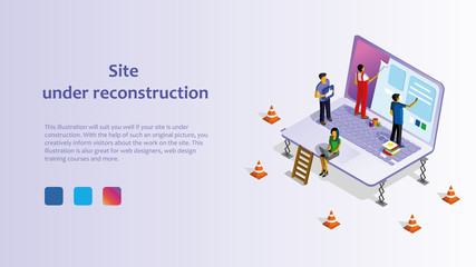 web page template under reconstruction. Isometric illustration with men and women working on web design. Easy to edit and edit.