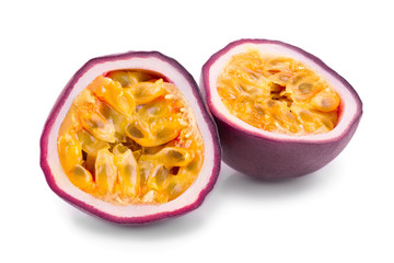 half of passion fruits isolated on white background. Isolated maracuya