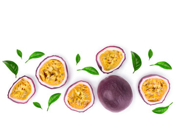 passion fruits with leaves isolated on white background with copy space for your text. Isolated maracuya. Top view. Flat lay