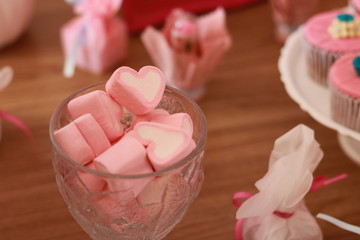 marshmallows on a white background, pink, flower, sweet, rose, dessert