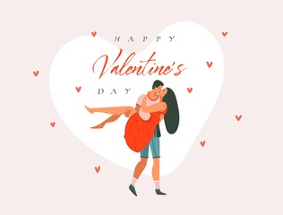 Hand drawn vector abstract cartoon modern graphic Happy Valentines concept illustrations art card with dancing couple people together and Happy Valentines day text isolated on pink pastel background