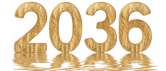 Inscription 2036, reflected on the water surface, isolated on  white, 3d render