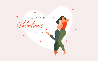 Hand drawn vector abstract cartoon modern graphic Happy Valentines concept illustrations art card with hugging couple people together and Happy Valentines day text isolated on pink pastel background