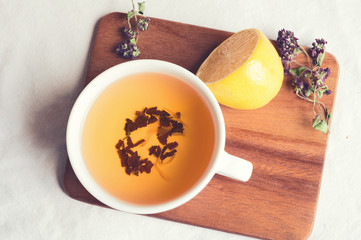 set of high quality black tea at wooden desk. close up