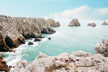 Fototapeta na wymiar The Pen Hir cape in French Brittany, France. High cliffs at the atlantic ocean.