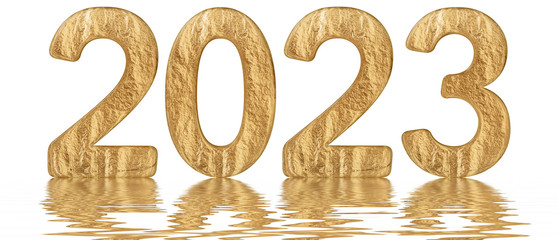 Inscription 2023, reflected on the water surface, isolated on  white, 3d render