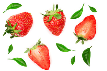 Strawberries decorated with green leaves isolated on white background. Top view. Flat lay pattern