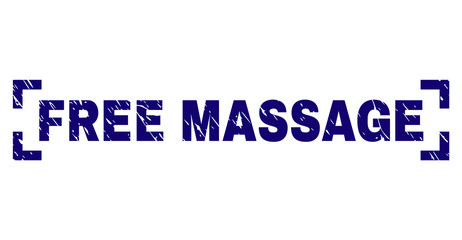FREE MASSAGE caption seal print with corroded texture. Text label is placed between corners. Blue vector rubber print of FREE MASSAGE with grunge texture.