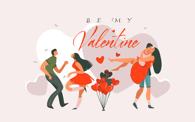 Hand drawn vector abstract cartoon modern graphic Happy Valentines day concept illustrations art card with dancing couples people together isolated on pastel colored background