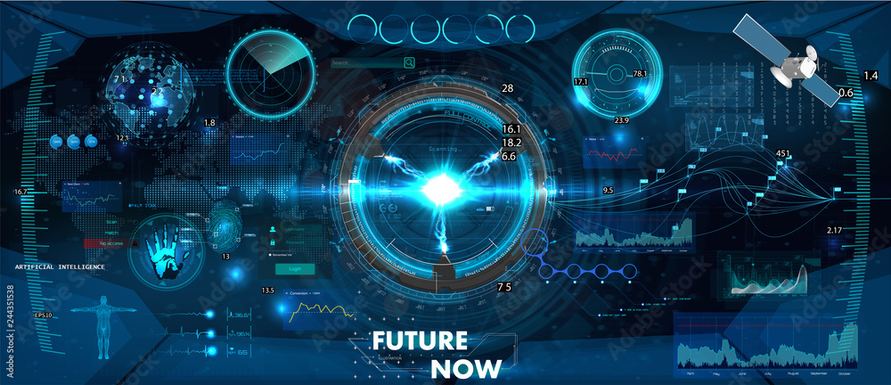 Poster Spaceship control panel dashboard in HUD style. Futuristic VR Head-up display design.  View from the cockpit spacecraft, Sci-Fi, VR, Helmet HUD. Gui elements, technology display design.