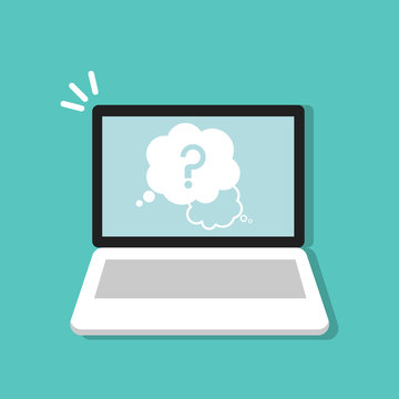Question mark sign in a speech bubble on laptop, computer symbol  flat cartoon design
