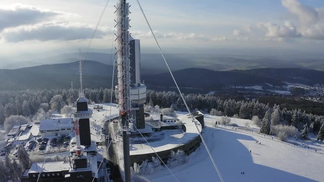 Aerial view, Flight along the transmission tower of the Hessischer Rundfunk in Winter, Grosser Feldberg, Hesse, Germany, Jan 2019