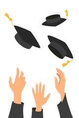 Concept of education, hands of graduates throwing graduation hats in the air.