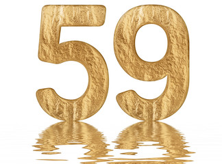 Numeral 59, fifty nine, reflected on the water surface, isolated on  white, 3d render