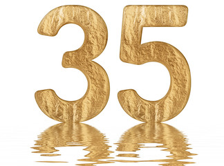 Numeral 35, thirty five, reflected on the water surface, isolated on  white, 3d render