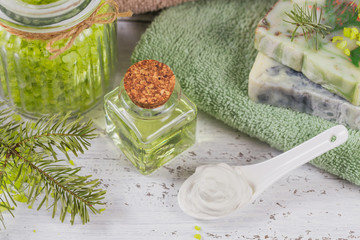 Natural cosmetic oil, sea salt, facial mask and natural handmade soap with coniferous extract