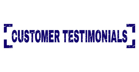 CUSTOMER TESTIMONIALS text seal print with distress texture. Text title is placed between corners. Blue vector rubber print of CUSTOMER TESTIMONIALS with corroded texture.