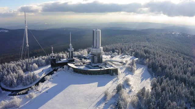 Aerial view, Flight along the transmission tower of the Hessischer Rundfunk in Winter, Grosser Feldberg, Hesse, Germany, Jan 2019