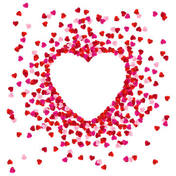 Heart shape lined with paper hearts. Happy Valentine`s Day greeting card background. Vector illustration