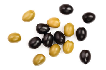 Green and black olives isolated on a white background. Top view. Flat lay