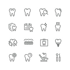 Dental related icons: thin vector icon set, black and white kit