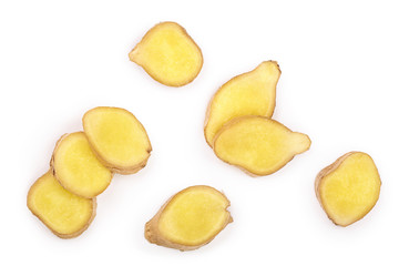slices of fresh Ginger root isolated on white background. Top view. Flat lay