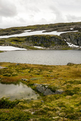 Lake in the prairies of the interior of southern Norway on a cloudy day.