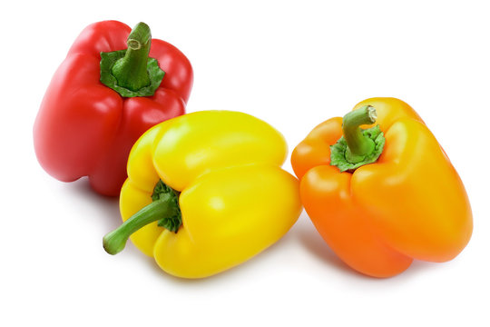 yellow orange and red sweet bell pepper isolated on white background