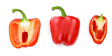 red sweet bell pepper isolated on white background. Top view. Flat lay