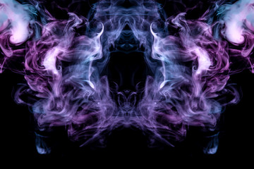 Background in the form of a pattern of colored blue and pink smoke in the shape of a hole, similar to a mystical ghost or an animal of a terrible kind on a black isolated ground