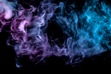 Background in the form of a pattern of colored blue and pink smoke in the shape of a hole, similar to a mystical ghost or an animal of a terrible kind on a black isolated ground