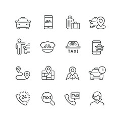 Taxi related icons: thin vector icon set, black and white kit