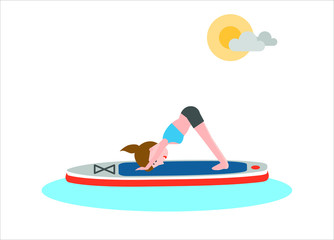 cute girl doing yoga pose downward dog on SUP