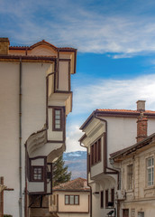 Fototapeta na wymiar Architecture of Ohrid Old Town. Houses with the typical Renaissance style of the region. Macedonia.