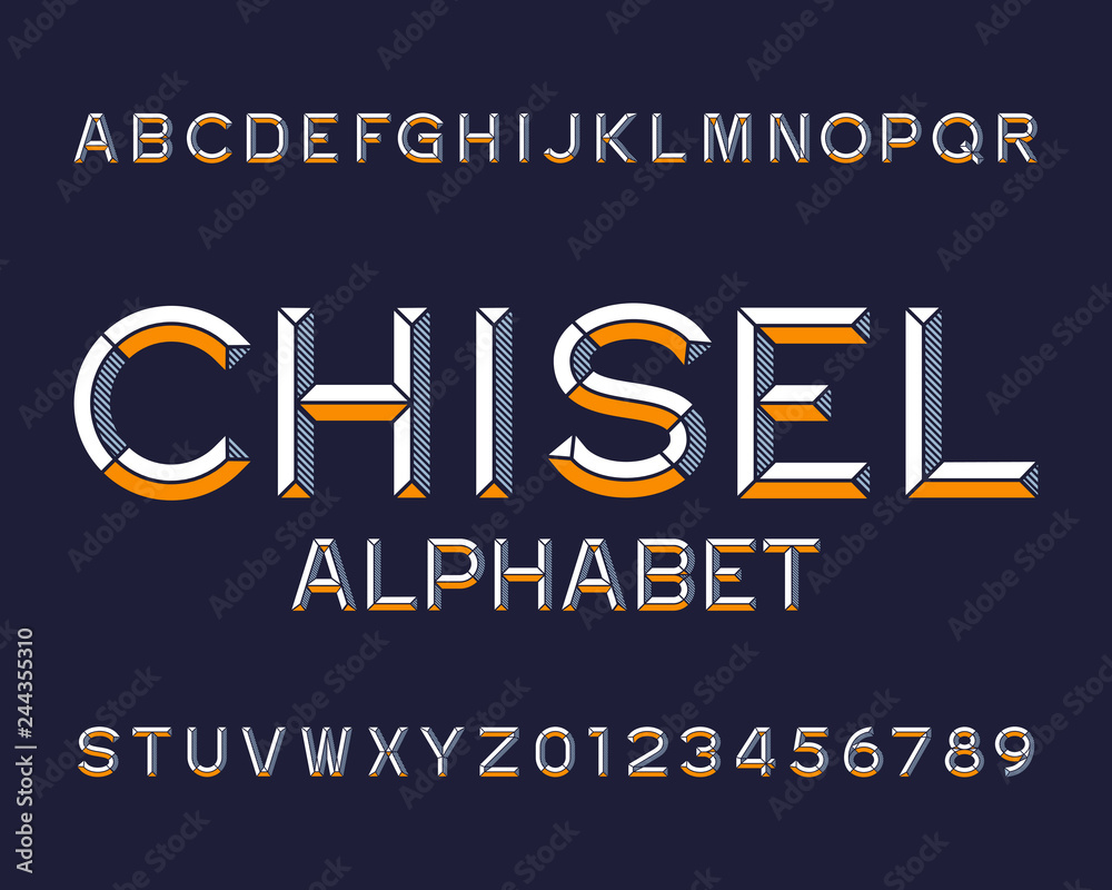 Fototapete chisel alphabet font. type letters and numbers. chiseled block vector typescript for your design.