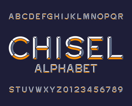 Chisel alphabet font. Type letters and numbers. Chiseled block vector typescript for your design.