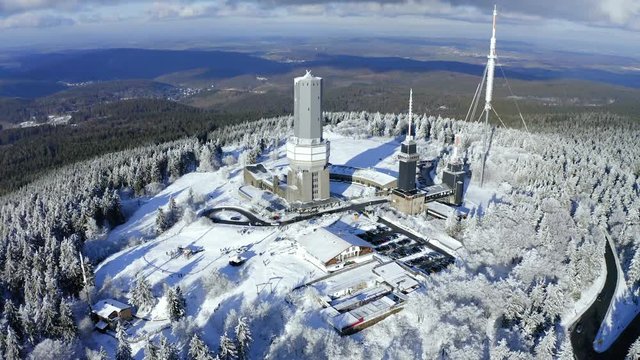 Aerial view, Flight along the transmission tower of the Hessischer Rundfunk in Winter, Grosser Feldberg, Hesse, Germany, Jan 2019