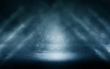 Abwaschbare Fototapete Rauch Schwarzer Hintergrund einer leeren Straße, Räumlichkeiten, blauer Suchscheinwerfer beleuchtet Asphalt, Laserstrahlen, Rauch