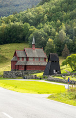 Fototapeta na wymiar Ancient pagan wood churches in Kaupanger. Kaupanger is a town in the province of Sogn og Fjordane in the region of Vestlandet, Norway