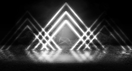 Black background of empty street, room, spotlight illuminates asphalt, laser beams, smoke