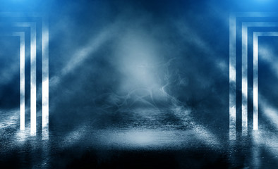 Obraz premium Black background of empty street, premises, blue searchlight illuminates asphalt, laser beams, smoke