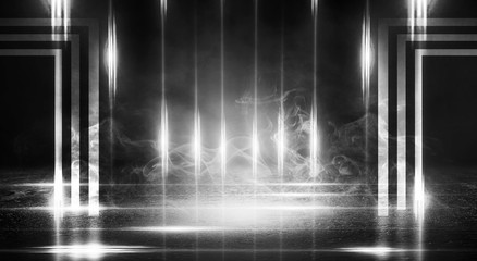 Black background of empty street, room, spotlight illuminates asphalt, laser beams, smoke