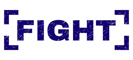 FIGHT label seal print with grunge texture. Text label is placed between corners. Blue vector rubber print of FIGHT with dust texture.