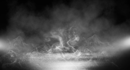 Black background of empty street, room, spotlight illuminates asphalt, smoke