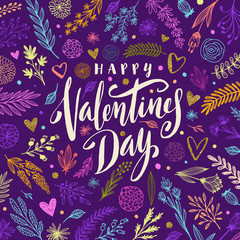 Happy Valentine's day - Greeting card. Brush calligraphy on floral hand drawn pattern background. Vector illustration.