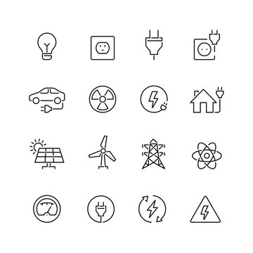 Energy and electricity related icons: thin vector icon set, black and white kit